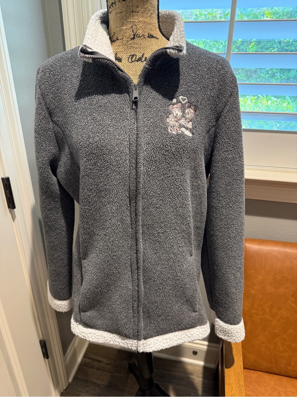 Disney Parks Gray Sherpa Zip Jacket with Mickey & Minnie Embroidery